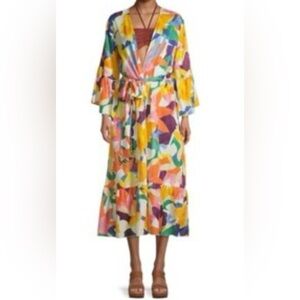 NWT True Destinations Swim Cover Up Dress Sz M Floral Beaded Belt Tiered Ruffle